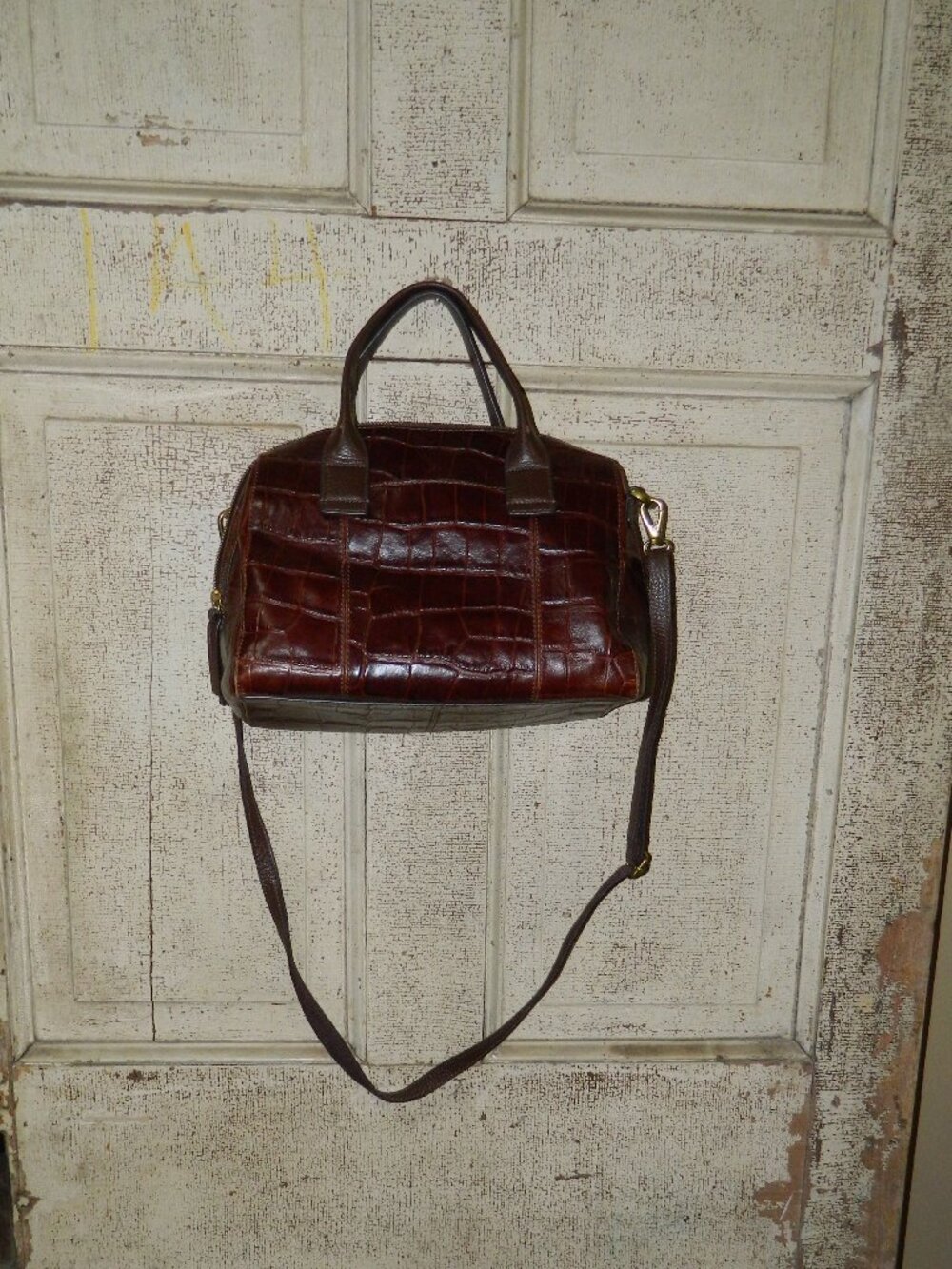 Vintage Fossil SHB1724 Jori Large Cognac Satchel Croc Embossed, Key Charm